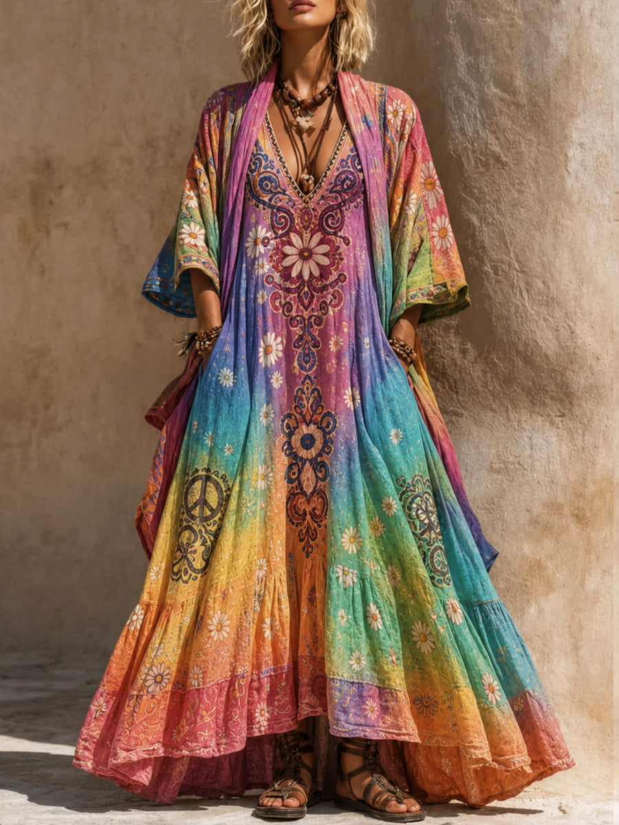 Retro Style Art Printed Vintage Camisole Dress Long Sleeve Two-Piece Maxi Dress
